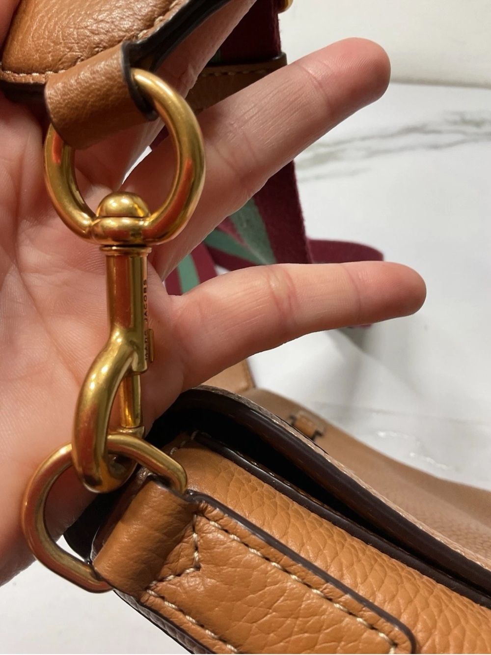 Marc Jacobs Tan Pebbled Leather Crossbody with Red and Green Striped Strap - Picture 8 of 12